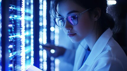 Woman in laboratory coat working with server technology, monitoring data center systems, using computer equipment, and ensuring cybersecurity efficiency.