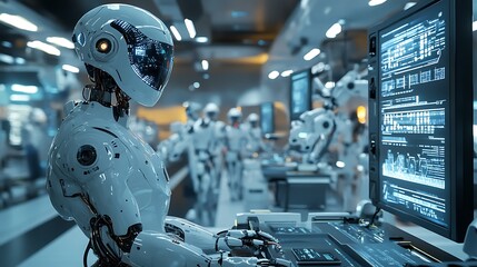 Fototapeta premium A futuristic robotics testing lab, where AI-powered autonomous drones and robotic assistants are fine-tuned by scientists. The facility is filled with floating data projections,