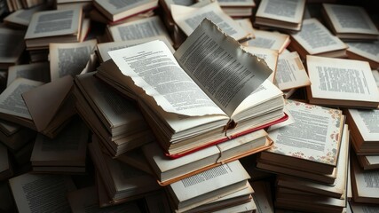 Obraz premium A large pile of books with some books open on top revealing torn pages, bookshelf, cluttered room, broken page