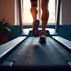 Fototapeta premium Feet pounding the belt of a running treadmill in slow motion, sports equipment, motion effects, movement