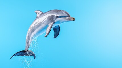 Fototapeta premium Bottlenose dolphin leaping high out of the water with splashes against a clear blue background.