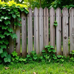 Fototapeta premium weathered wooden fence with overgrown vegetation, outdoor, scenery