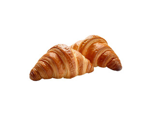 Two golden croissants with a flaky crust, isolated on a white background, perfect for breakfast