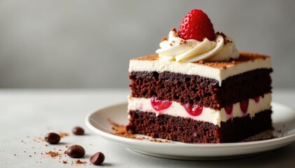 Chocolate cake layers, fluffy whipped cream swirls, frosting swirls, confectionery