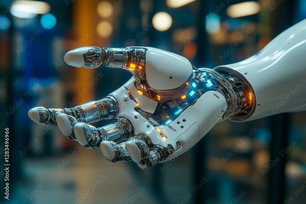 Poster robotic hand extending with illuminated features in a modern tech environment