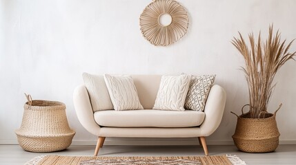 A minimalist home office setup with a warm cream sofa, embroidered pillows, and textured wallpaper.
