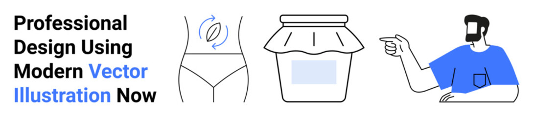 Rotating waist element, jar with lid, and pointing figure promoting nutrition, wellness, simplicity, and clarity. Ideal for lifestyle, health, creativity awareness education coaching flat landing