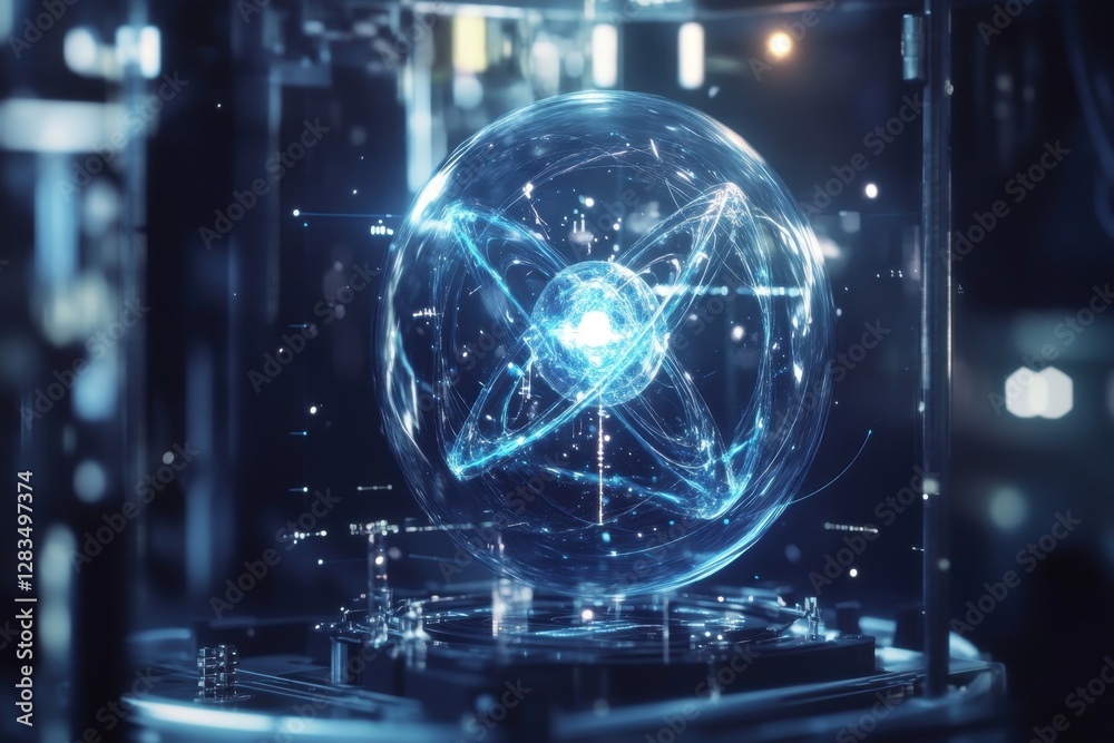 Poster digital representation of an atomic structure with glowing plasma in futuristic lab