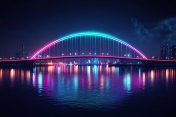 Obraz premium A vibrant night scene of a modern bridge illuminated with neon lights, reflecting in the water, surrounded by a city skyline