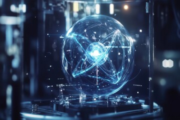 Digital representation of an atomic structure with glowing plasma in futuristic lab