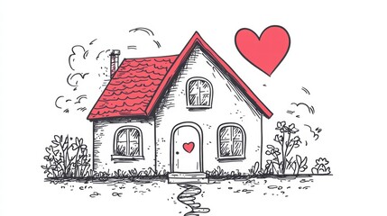 Fototapeta premium A continuous line of love, where a heart nestles within the warmth of a home, symbolizing the endless connection between love and place.