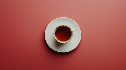 High-angle view of a minimalist desk with a notebook and a cup of tea