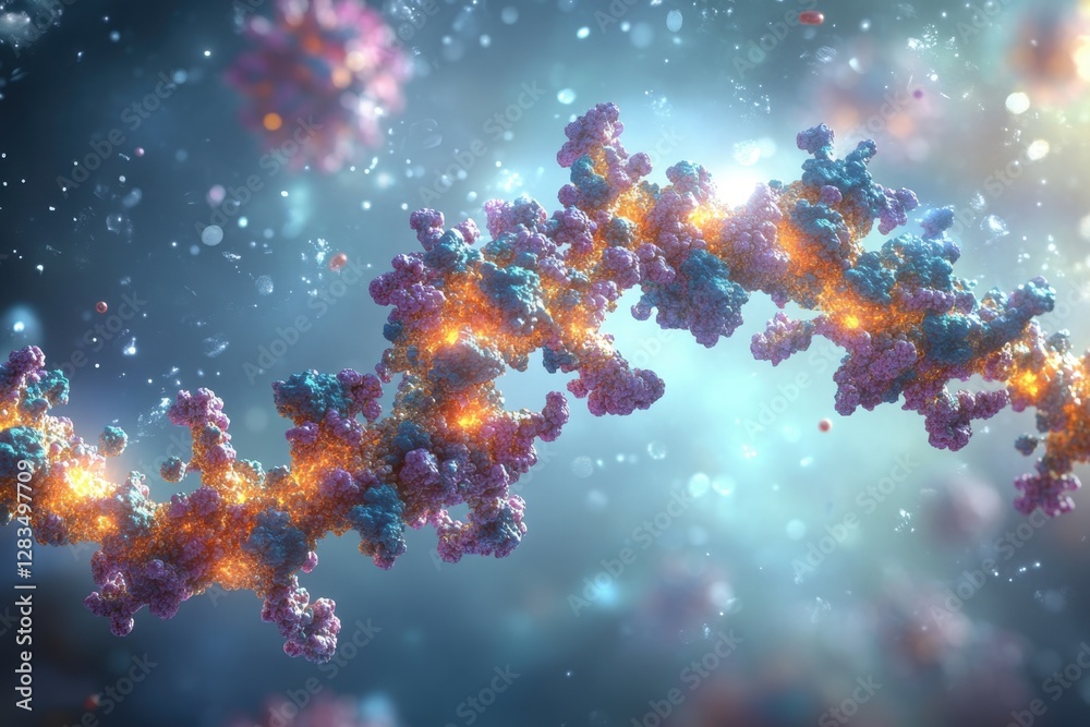 Poster intricate molecular structure illuminated by glowing particles in a dynamic environment