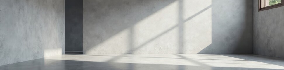 Empty gray wall, minimalist hall Polished floor reflects light , space, atmosphere, simple