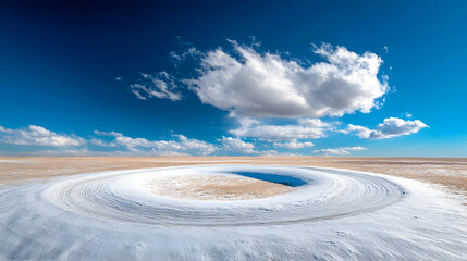 Fototapeta premium Circular salt formation rests on a vast desert flat under a bright blue sky with white clouds.
