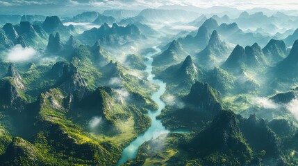 stunning mountain landscape photography Aerial view of lush mountains and winding river amidst misty clouds and vibrant greenery.