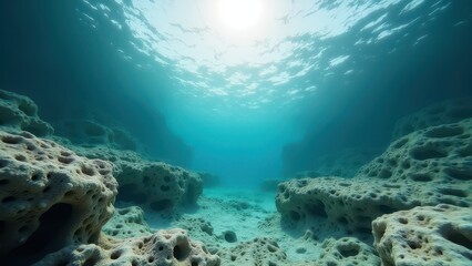 Fototapeta premium Sunlit underwater view of a coral reef affected by bleaching with damaged coral and clear ocean water 
