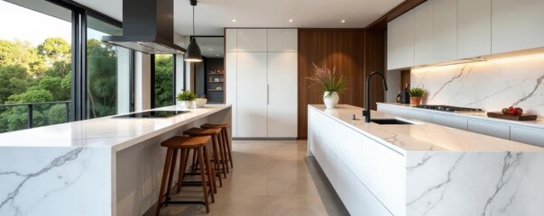 Expansive marble kitchen island, Australian style, glossy, natural light, sophisticated