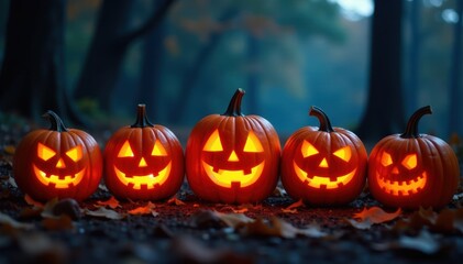 Five carved pumpkins, flickering candlelight illuminates spooky faces , decoration, carved