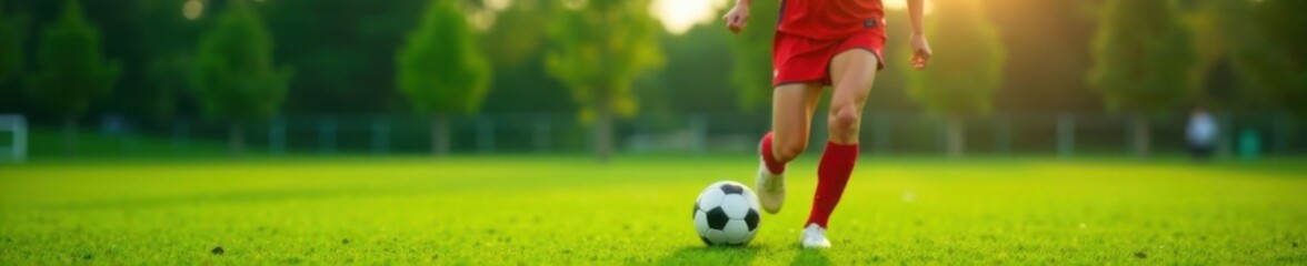 Obraz premium Female player dribbling football on green grass field with confident stance , grass, field, dribble