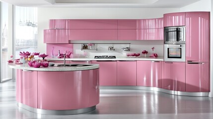 A modern kitchen with smooth pastel-colored walls, offering a fresh and clean atmosphere.