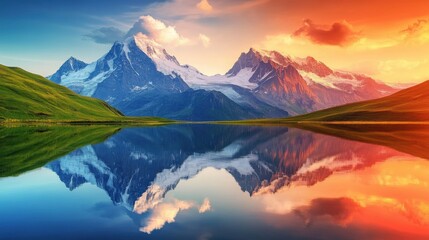 stunning mountain landscape photography Stunning mountain landscape reflecting on serene water at sunset with vibrant colors.
