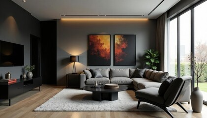 Modern living room, black accents, elegant furniture, floor, decor, photography