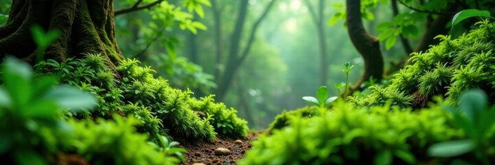 Fototapeta premium Fern and moss forest in a terrarium, green house, , plants