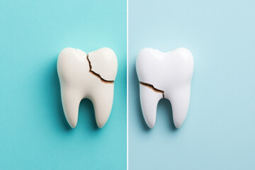 Dental problem, Before-and-after comparison image of a cracked tooth showcasing high fidelity dental treatment results.