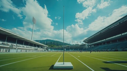 College stadium with athletes practicing the javelin throw. Featuring strength and technique