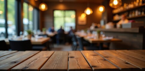 Rustic wooden tabletop, bokeh restaurant lights, cafe, bokeh, warm