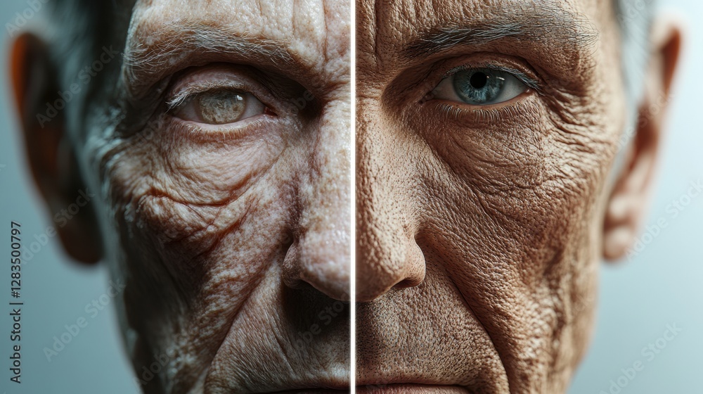 Poster transformation of an aged face revealing youthful skin through a split visual representation of time