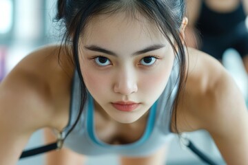Focused Japanese Female Exercising with Intensity in Fitness Space 