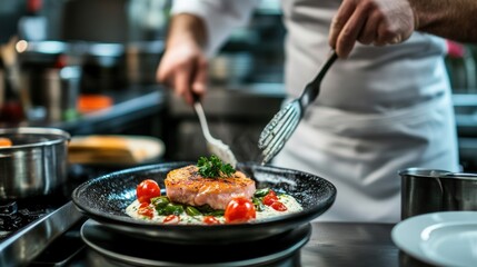 Chef plating salmon dish with vegetables in kitchen