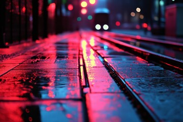 Reflections of city lights on wet pavement at a traffic intersection during a rainy evening