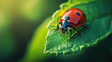 Obraz premium Close-up of a ladybug resting on a green leaf