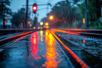 Rain-soaked railway tracks reflecting vibrant city lights during evening hours