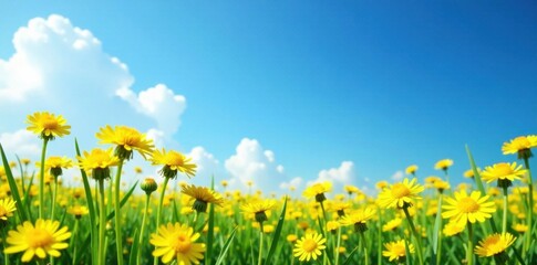 field of yellow dandelions against a bright blue sky, landscape, rural area, wildflowers