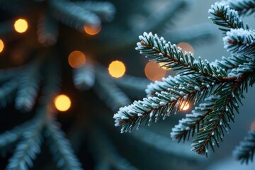 Frosted Spruce Branches with Christmas Lights, branch, spruce