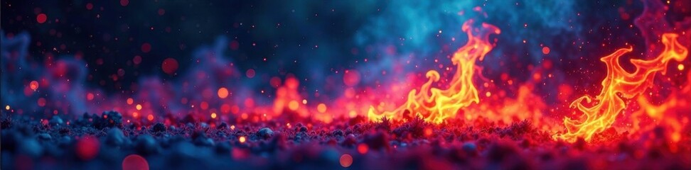 Fototapeta premium Fiery flames dance on a dark canvas, red and blue blazes meet the night, intense flame, night, fire on black background