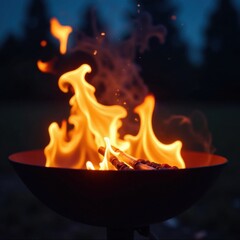 Fiery flames dancing above a barbecue grill at night , grill, campfire, fire