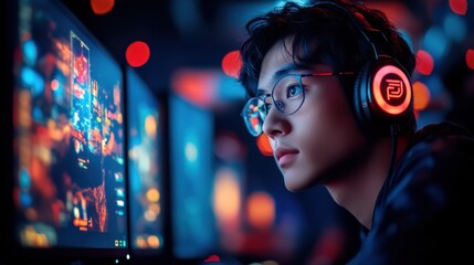 Gamer intensely focuses on his screens during an esports tournament in a dimly lit arena filled with colorful LED lights