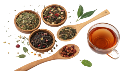 Assorted Loose Leaf Teas and Herbal Blends in Wooden Bowls with a Steaming Cup of Tea, Ideal for Tea Lovers and Wellness Enthusiasts on a White Background