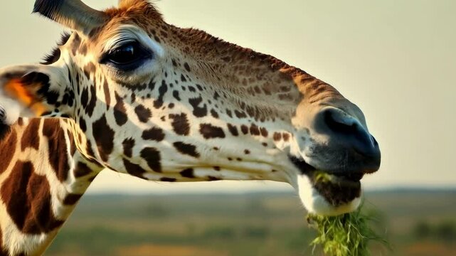 A stunning giraffe peacefully stands in its natural habitat, showcasing its unique coat patterns and graceful neck. The warm sun highlights its features against a clear backdrop.