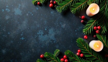 Fir branch arrangement on dark shale background with candles and evergreen elements, dark shale, evergreen, fir branches