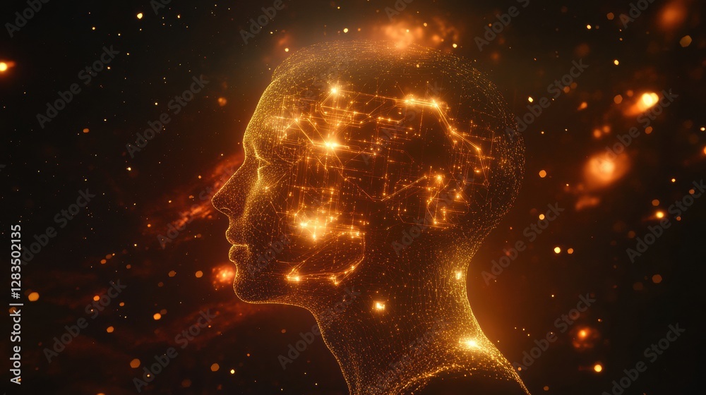 Poster Silhouette of human head filled with glowing quantum circuits and elements representing quantum computing concepts. Generative AI