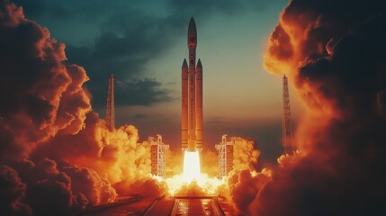 Rocket launch at dawn with dramatic smoke and flames against a colorful sky showcasing technological achievement and exploration spirit