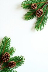 Fototapeta premium Fir branch arrangement with pine cones, natural background, festive, trees, winter wonderland