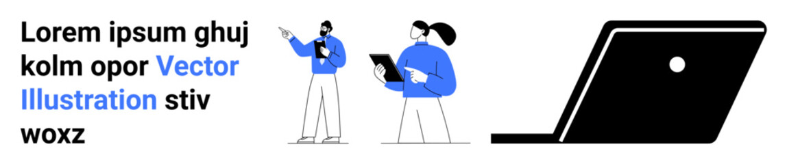 Two colleagues discussing ideas using digital devices, accompanied by text and laptop graphic. Ideal for teamwork, education, remote work, digital presentations, training, strategy, technology