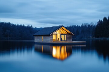 Obraz premium Serene lakeside cabin at dusk with warm light reflecting on water